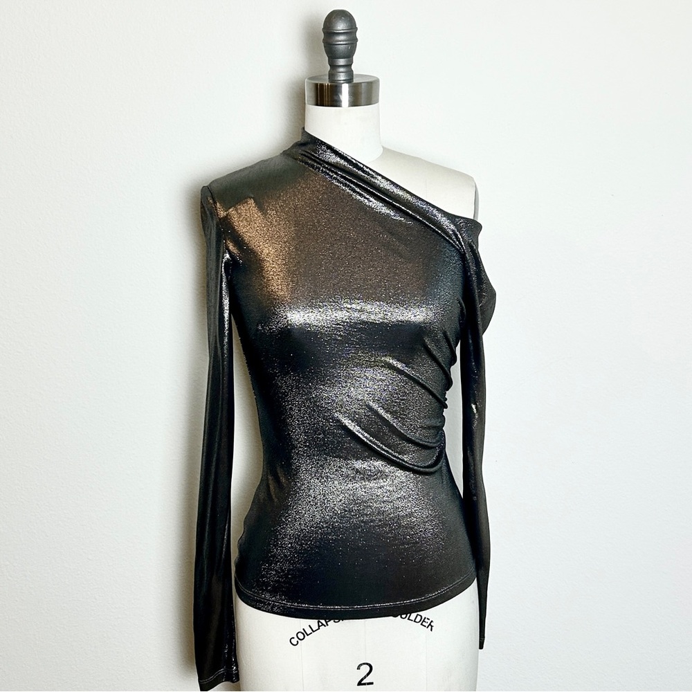NWT Ralph Lauren Collection Purple Label Metallic Gunmetal OTS Blouse XS (022)‎